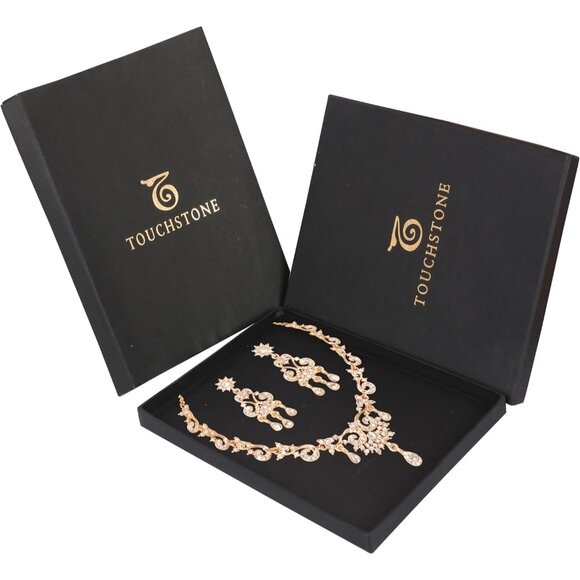 Indian Bollywood Rhinestone Necklace Set in Gold & White, Elegant Design - Picture 6 of 9